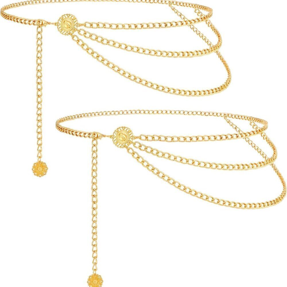 2 Pack Waist Chain Belt Women Metal Gold Tone Adjustable for Dress Jeans